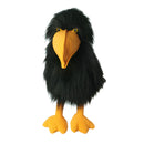 Plush crow puppet with black plush 'feathers' and a yellow beak and feet on a white background.