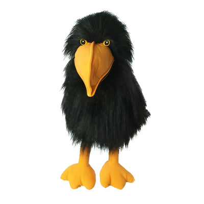 Plush crow puppet with black plush 'feathers' and a yellow beak and feet on a white background.