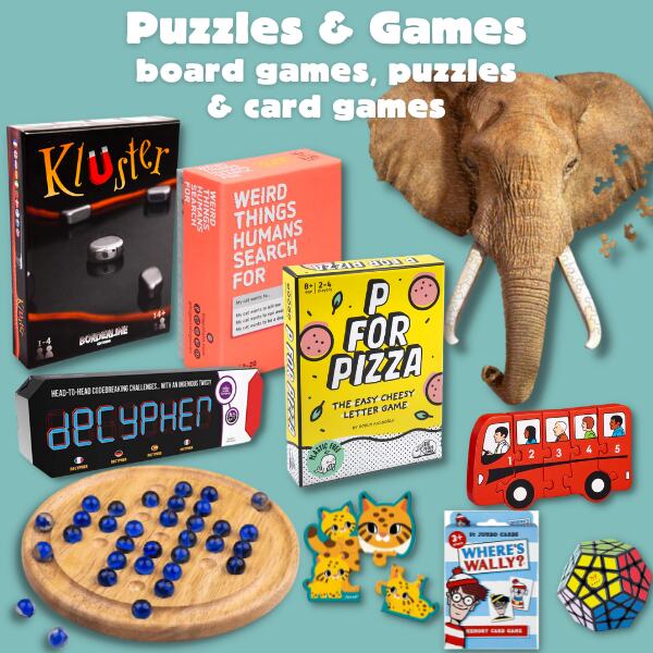 Text that reads: 'puzzles & games' then 'board games, puzzles & card games' surrounded by a large variety of games and puzzles in incuding a large elephant head jigsaw.