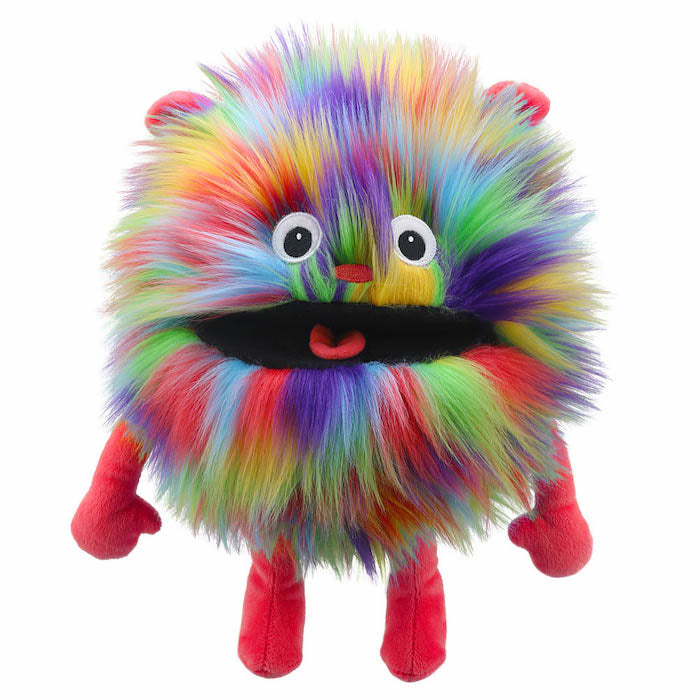 Introducing the Rainbow Baby Monster Puppet by The Puppet Company Ltd, a vibrant rainbow-furred plush with big eyes and a wide-open mouth, ideal for imaginative puppet shows. Its bold red arms and legs inspire endless creative adventures.