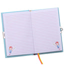 Introducing the Rainbow Fairy My Scented Secret Diary by Floss & Rock, featuring a light blue cover. This diary opens to reveal pink-lined pages adorned with cartoon characters in the bottom corners, reminiscent of a beloved secret diary. It also includes ribbon bookmarks in red, yellow, and pink.