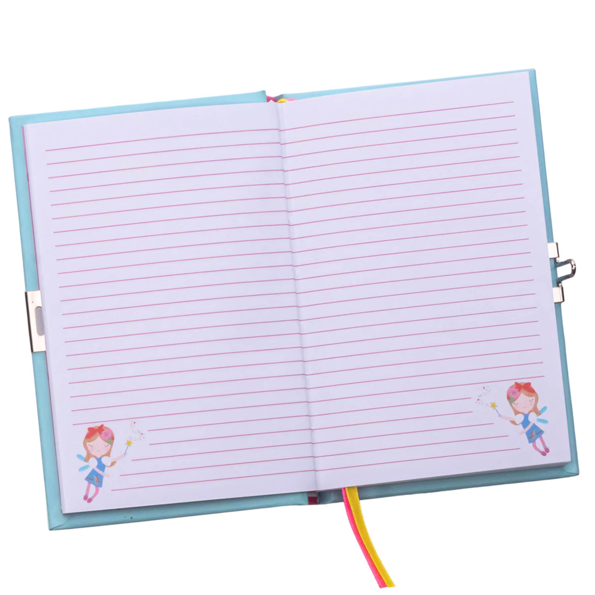 Introducing the Rainbow Fairy My Scented Secret Diary by Floss & Rock, featuring a light blue cover. This diary opens to reveal pink-lined pages adorned with cartoon characters in the bottom corners, reminiscent of a beloved secret diary. It also includes ribbon bookmarks in red, yellow, and pink.