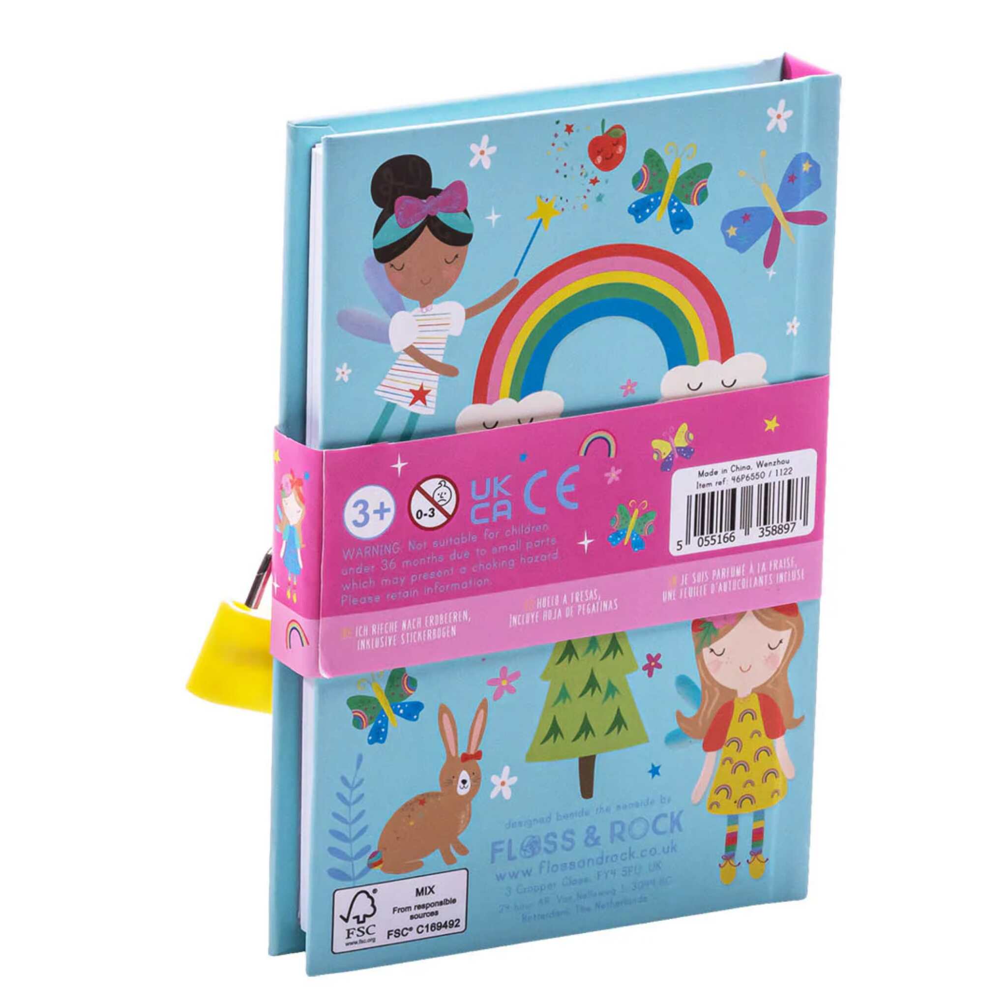 Introducing the Rainbow Fairy My Scented Secret Diary by Floss & Rock, a delightful diary for children adorned with vibrant cover illustrations, including a girl playing a harp, a rainbow fairy, butterflies, a tree, and a bunny. It features a side lock to keep secrets secure and is ideal for kids aged 3 and up.