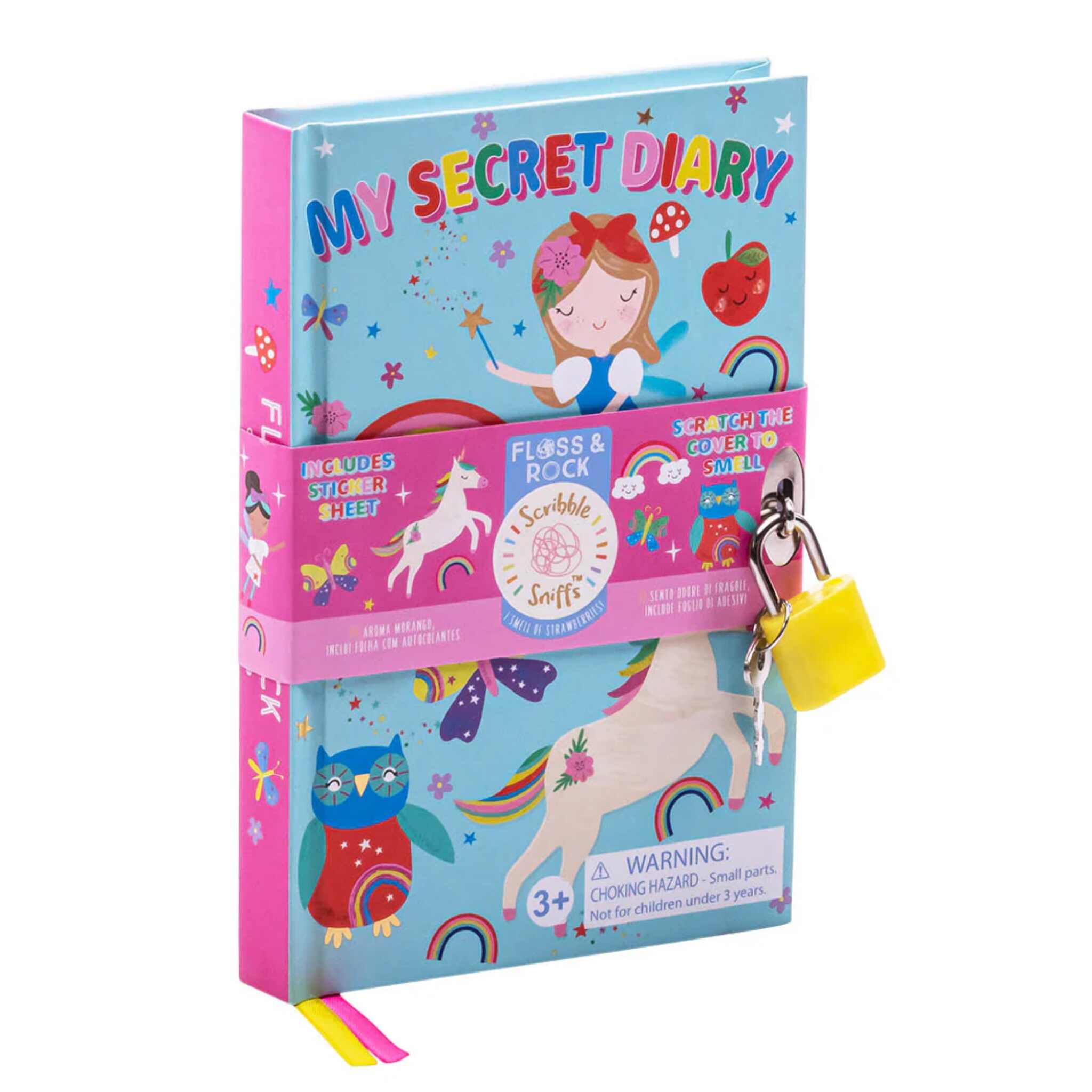 The Rainbow Fairy My Scented Secret Diary by Floss & Rock is a vibrant diary for kids that showcases a girl, unicorns, and playful designs. It comes with stickers, a lock and key for privacy, and is decorated with rainbows and stars. This delightful diary is suitable for children aged 3 and up.