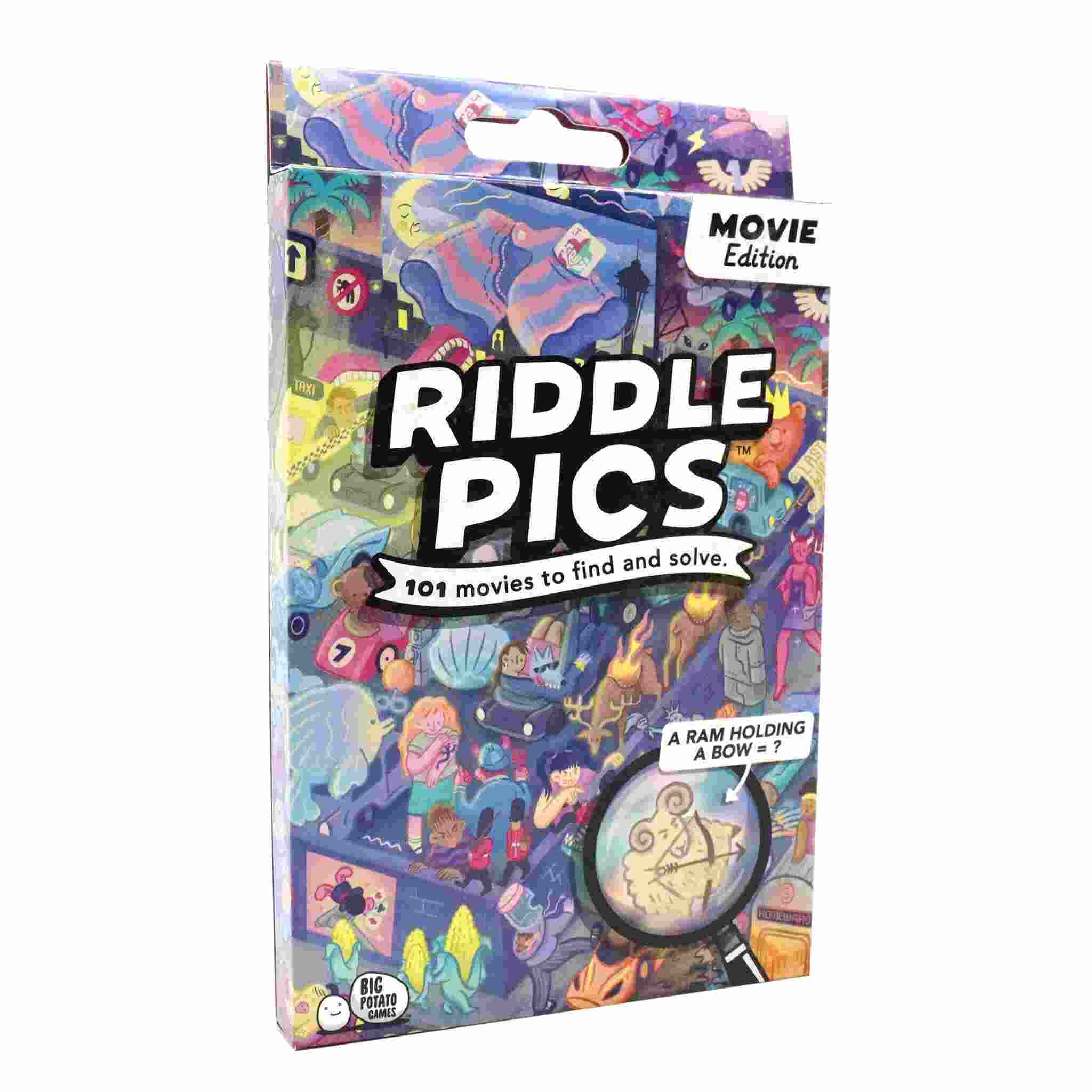 Big Potato's Riddle Pics - Night at The Movies features vibrant illustrations accompanied by the text "101 movies to find and solve." A visual movie riddle, depicted as "A ram holding a bow - ?" is enhanced with a magnifying glass. Use the scratch card checklist to log your discoveries.