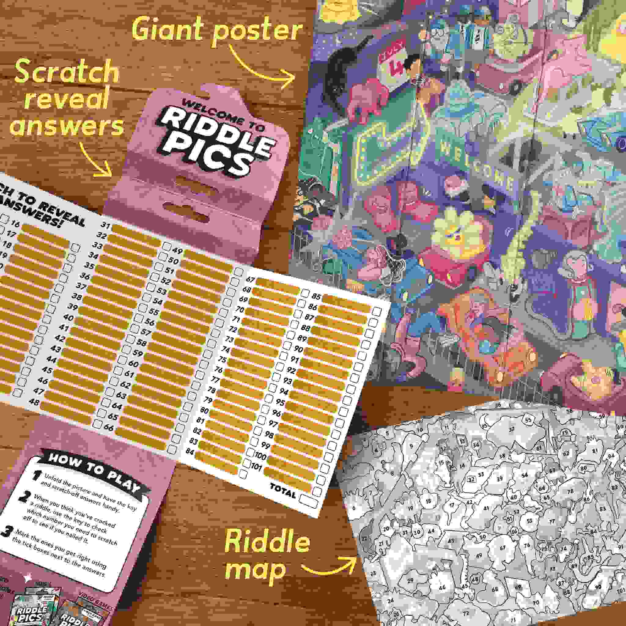 The tabletop display showcases a vivid poster of a whimsical world, a detailed black-and-white riddle map, and a scratch-off answer sheet labeled "Riddle Pics - Night at The Movies" from Big Potato, complete with playing instructions. Adding artistic flair to this colorful setup is an intriguing musicians poster.