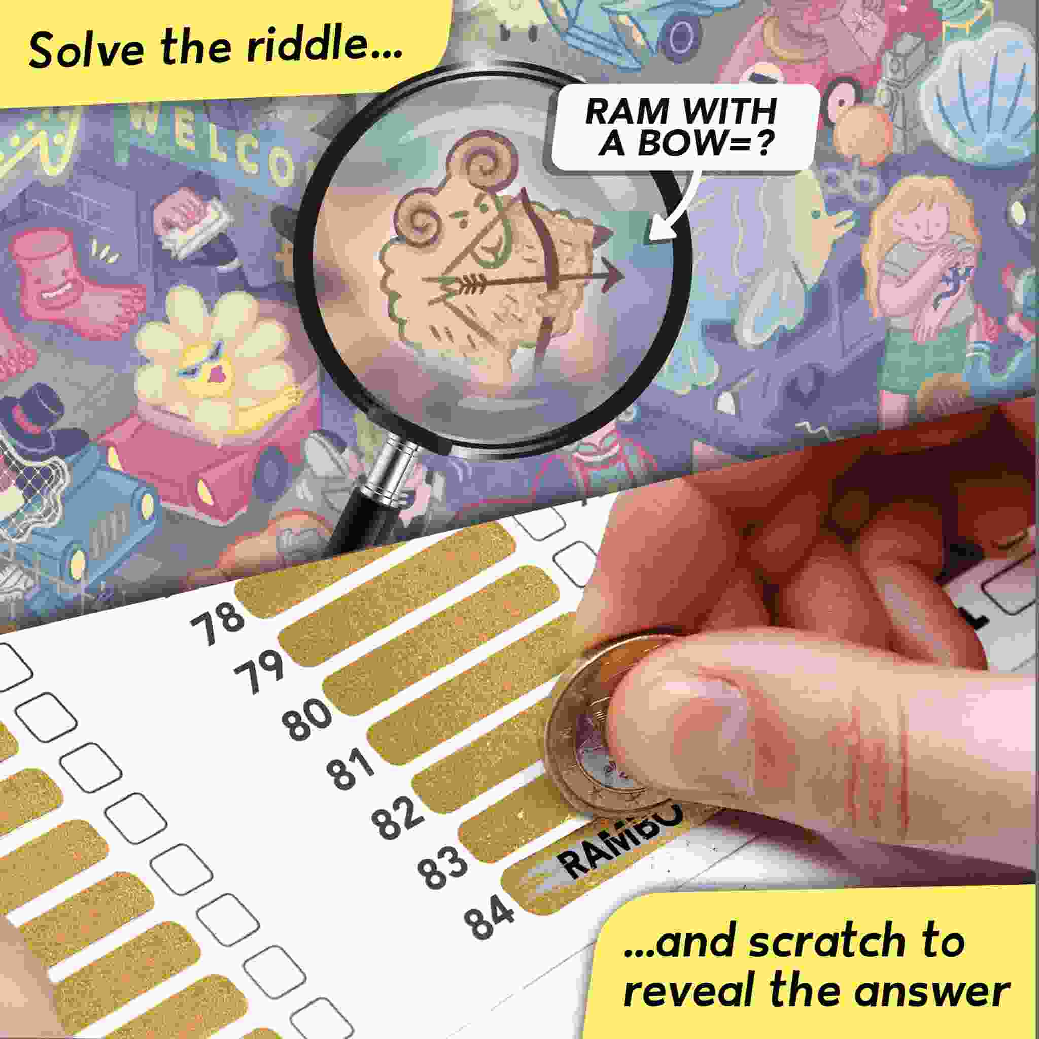 The vibrant puzzle image from Riddle Pics - Night at The Movies by Big Potato presents a word equation: "Ram with a bow = ?", depicting a ram holding a bow. Below, you can scratch to uncover the answer on this scratch card checklist, which reveals "RAMBO." The text encourages you to "Solve the riddle..." and "...scratch to reveal the answer.