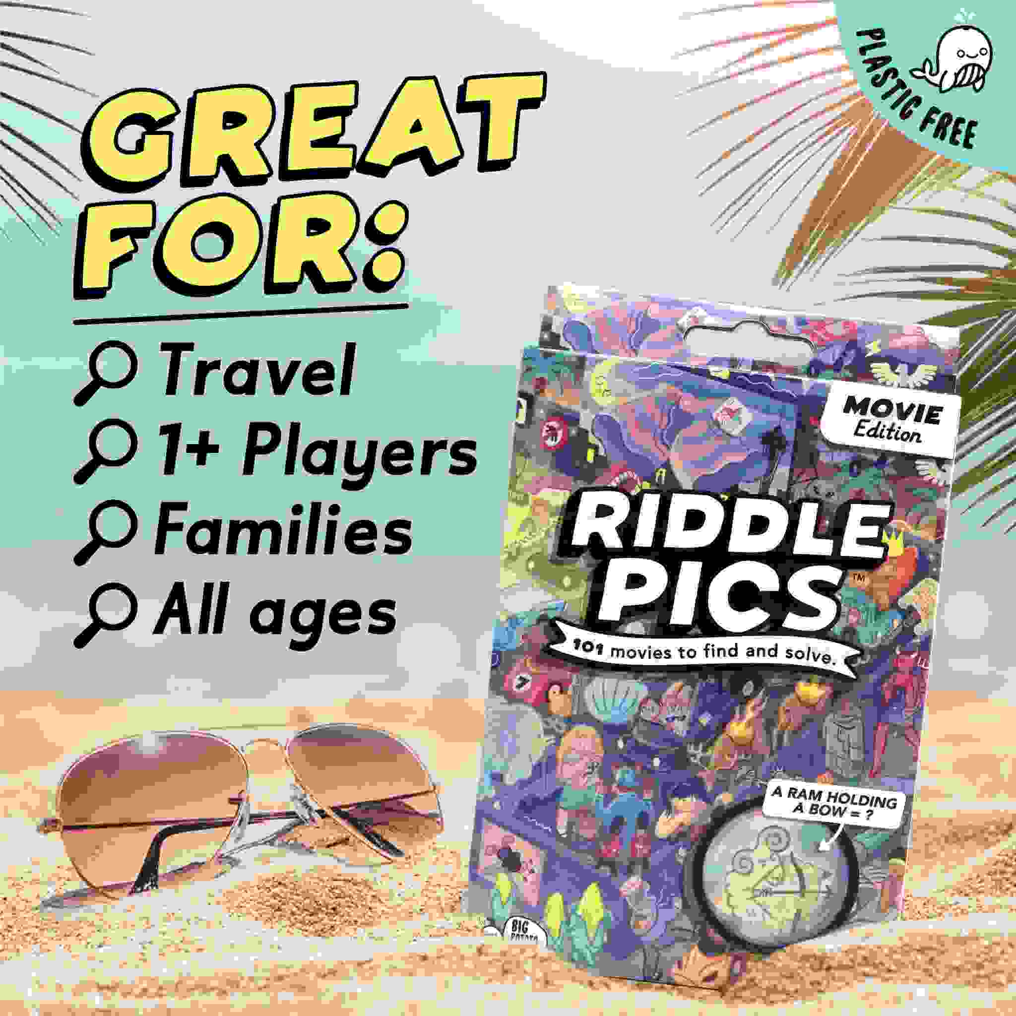 A vibrant puzzle game box named "Riddle Pics - Night at The Movies" by Big Potato sits on a sandy beach. The scene is accentuated by sunglasses and palm leaves. Text highlights its features: perfect for travel, suitable for 1 or more players, ideal for families, and appropriate for all ages. Filled with visual movie riddles, the box displays a plastic-free icon.