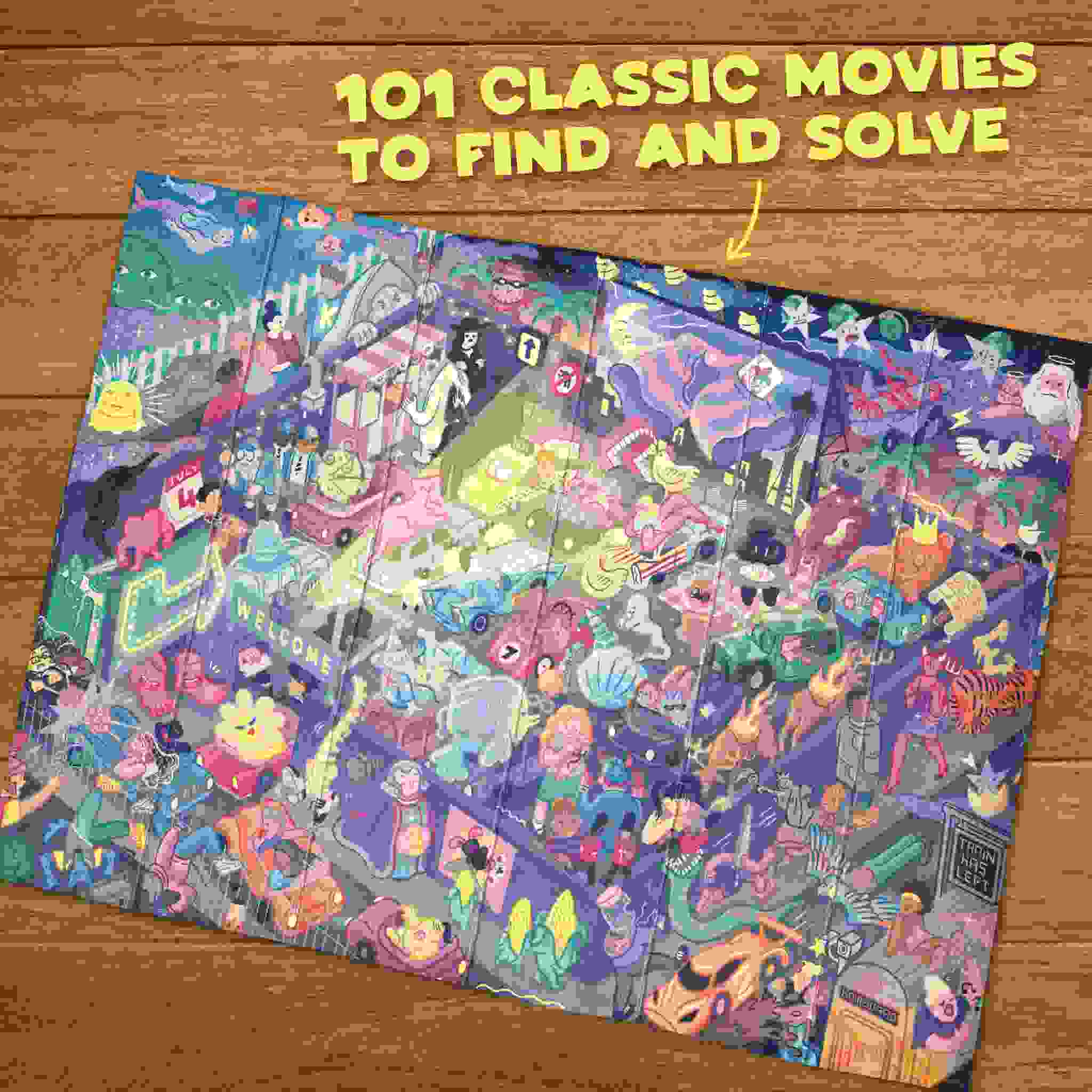 A vibrant and detailed puzzle illustration rests on a wooden surface, showcasing numerous small scenes and characters inspired by classic films. At the top, there's text that reads, "Riddle Pics - Night at The Movies" from Big Potato, with an arrow pointing to the puzzle to create an engaging visual movie riddle.