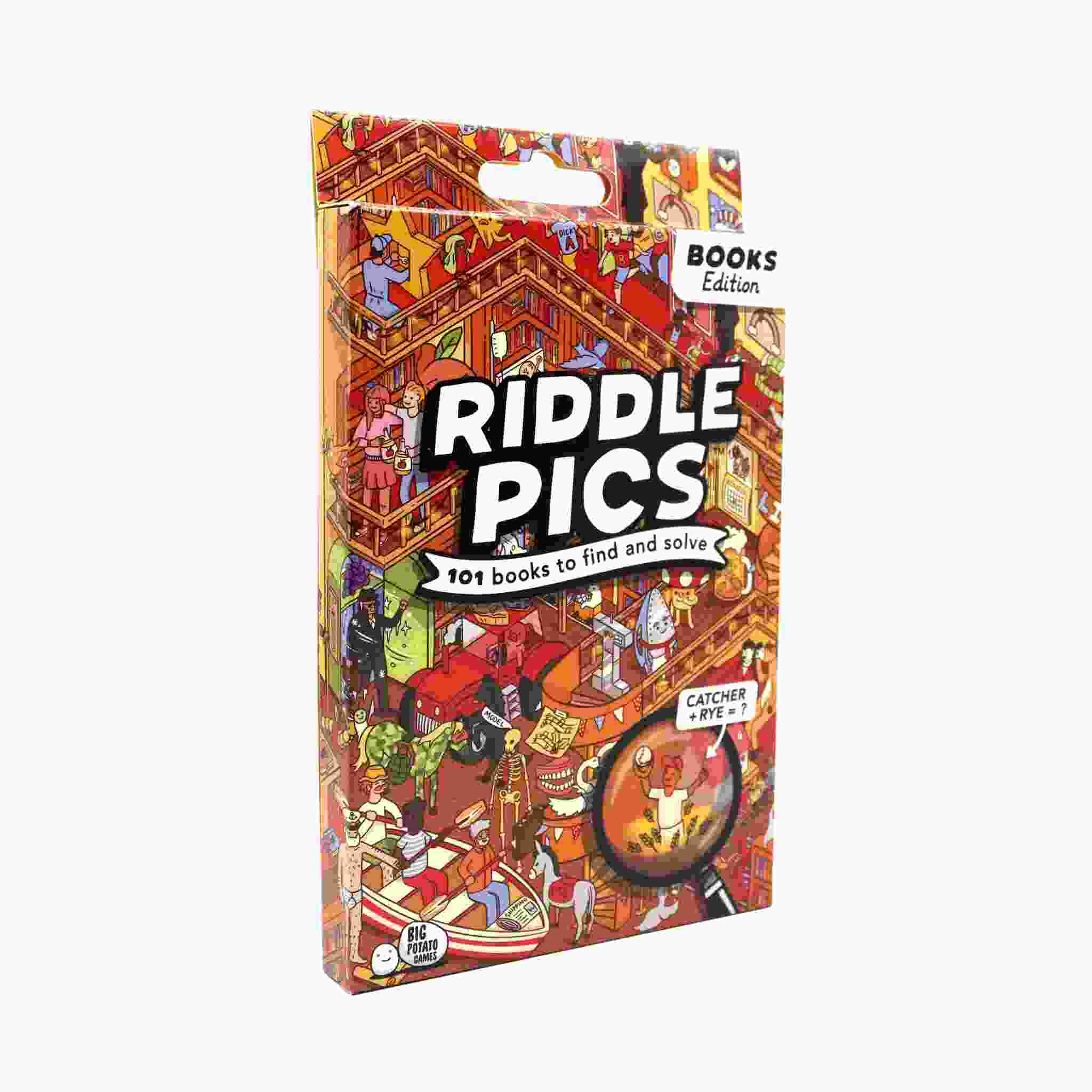 Cover of "Riddle Pics - Mayhem in the Library" by Big Potato. It showcases a lively library setting with characters engaged in reading and solving visual riddles. The striking title draws attention, and a magnifying glass accentuates "Catcher in the Rye," creating the impression of an interactive poster.