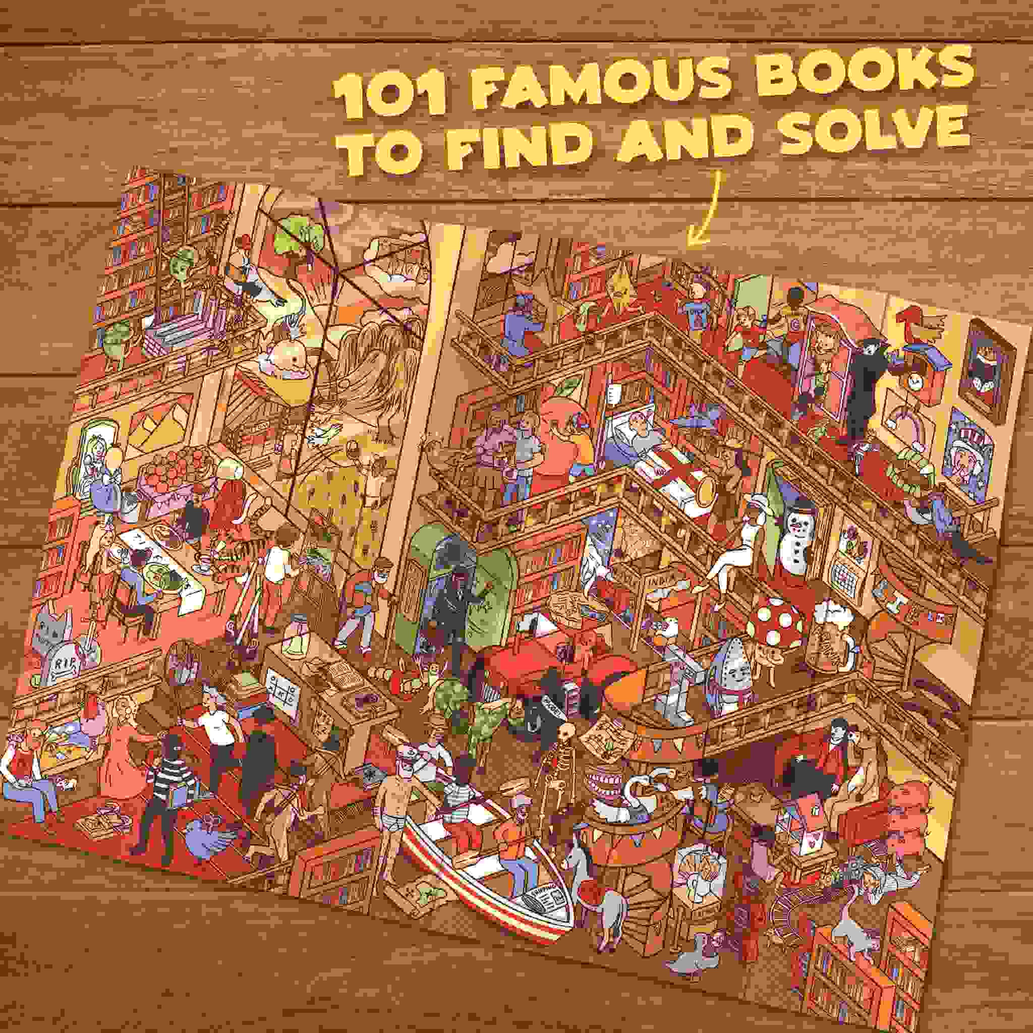 Introducing "Riddle Pics - Mayhem in the Library" by Big Potato, an illustrated puzzle poster showcasing a whimsical bookshelf scene filled with visual riddles. At the top, you'll see the phrase "101 Famous Books to Find and Solve." The shelves are bustling with colorful, chaotic details that invite you to explore every nook and cranny.