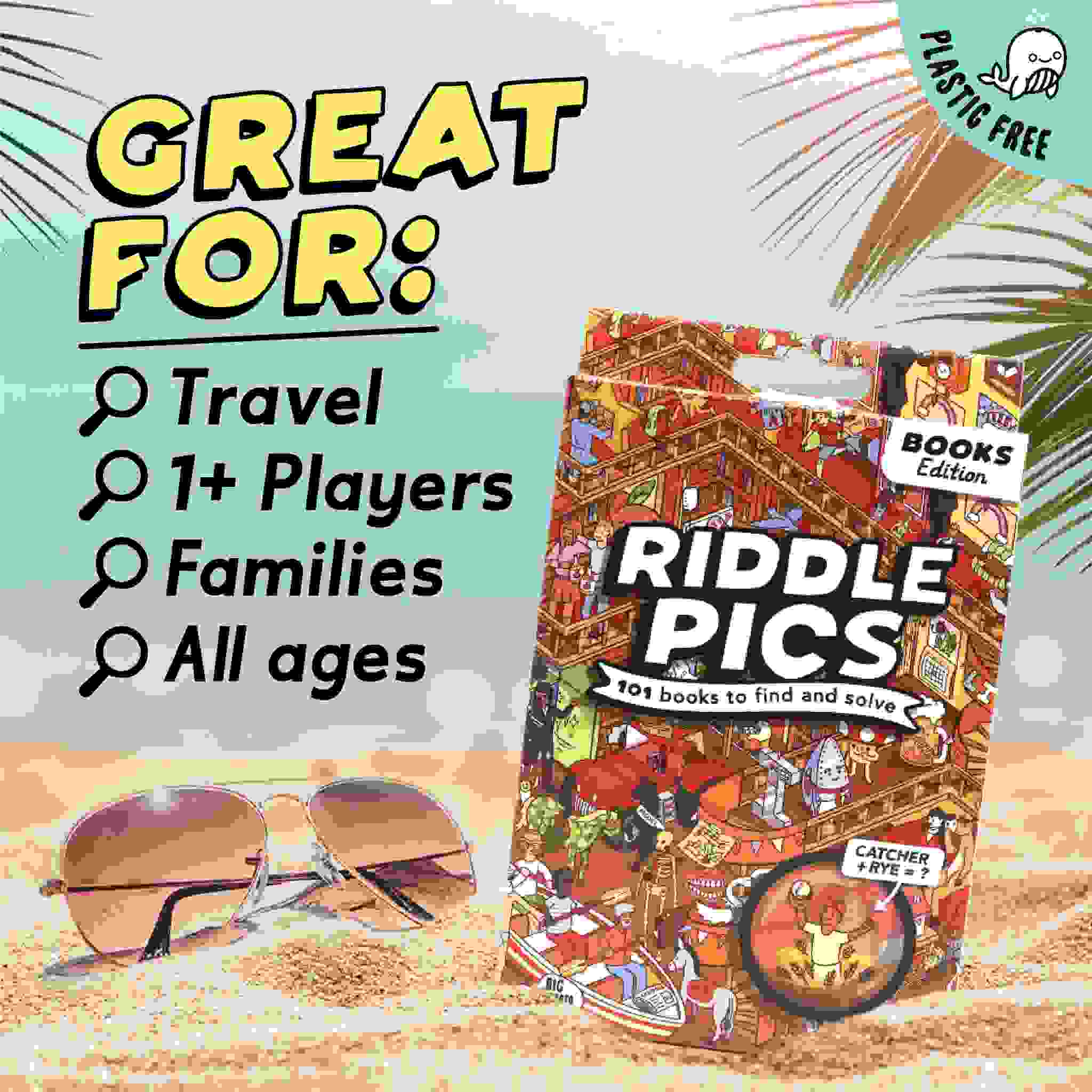 Packaging for "Riddle Pics - Mayhem in the Library" by Big Potato showcases a vibrant tropical background with intriguing visual riddles. The text highlights its suitability for travel, accommodating 1+ players, making it ideal for families and all ages. It features a colorful design accompanied by a "plastic free" seal, along with playful elements like sunglasses and a beach theme.