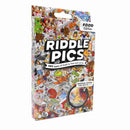 The "Riddle Pics - Chaos in the Kitchen" from Big Potato features vibrant food illustrations, inviting you to discover and solve "101 different types of food" through engaging visual riddles, such as a "Banana doing the splits." A magnifying glass accentuates parts of the image, while a scratch-off checklist helps track your progress.