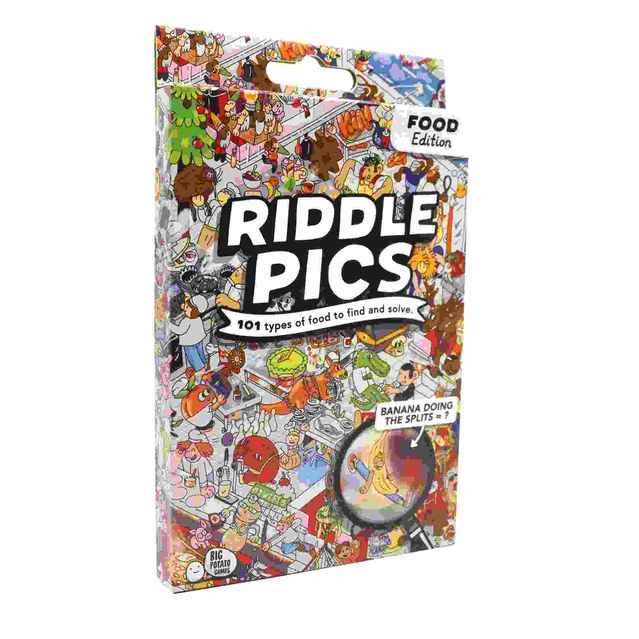 The "Riddle Pics - Chaos in the Kitchen" from Big Potato features vibrant food illustrations, inviting you to discover and solve "101 different types of food" through engaging visual riddles, such as a "Banana doing the splits." A magnifying glass accentuates parts of the image, while a scratch-off checklist helps track your progress.