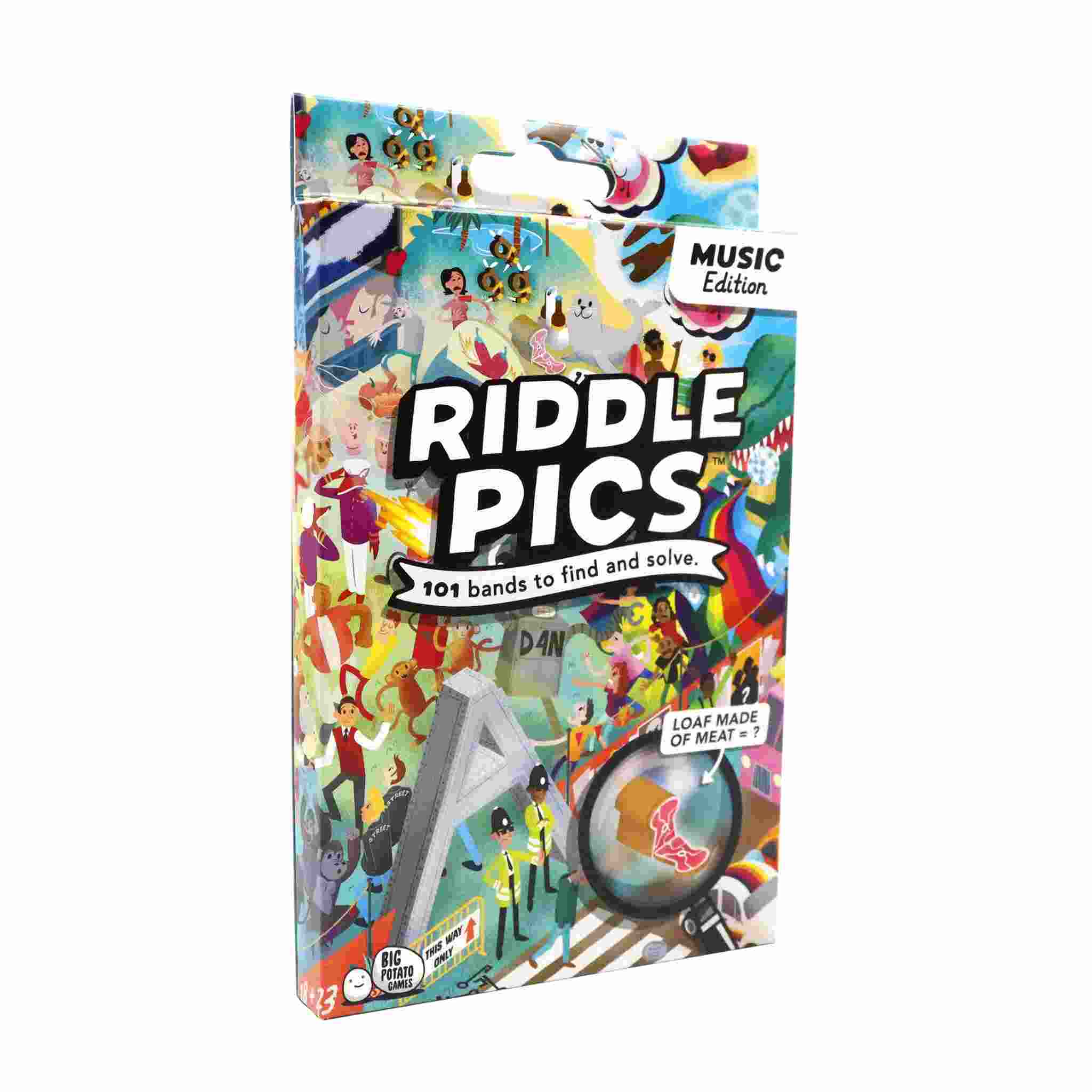 Box of "Riddle Pics - Day at the Festival" by Big Potato, featuring a giant poster with colorful illustrations and text such as "101 bands to find and solve." Comes with a magnifying glass for exploring music riddles, including the letter "A" with the hint "loaf made of meat.