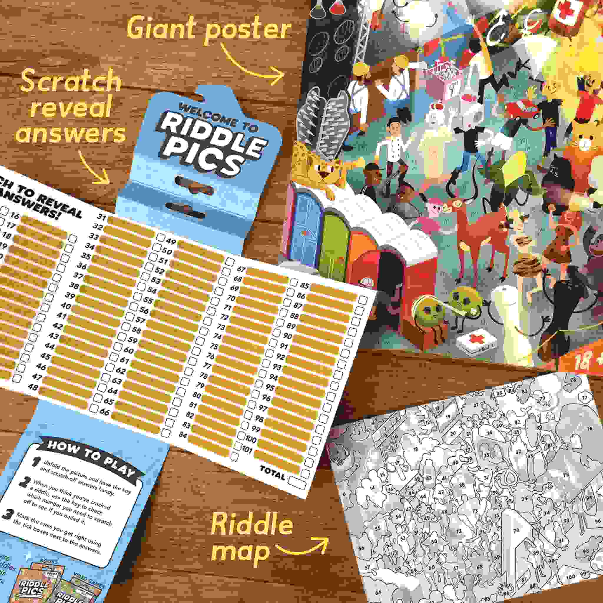 The "Riddle Pics - Day at the Festival" by Big Potato is a vibrant game set on a wooden surface, featuring a riddle map and a scratch-off answer sheet. This giant poster is filled with an array of characters and objects, crafted to engage players with visual riddles. A blue card provides instructions on how to play.