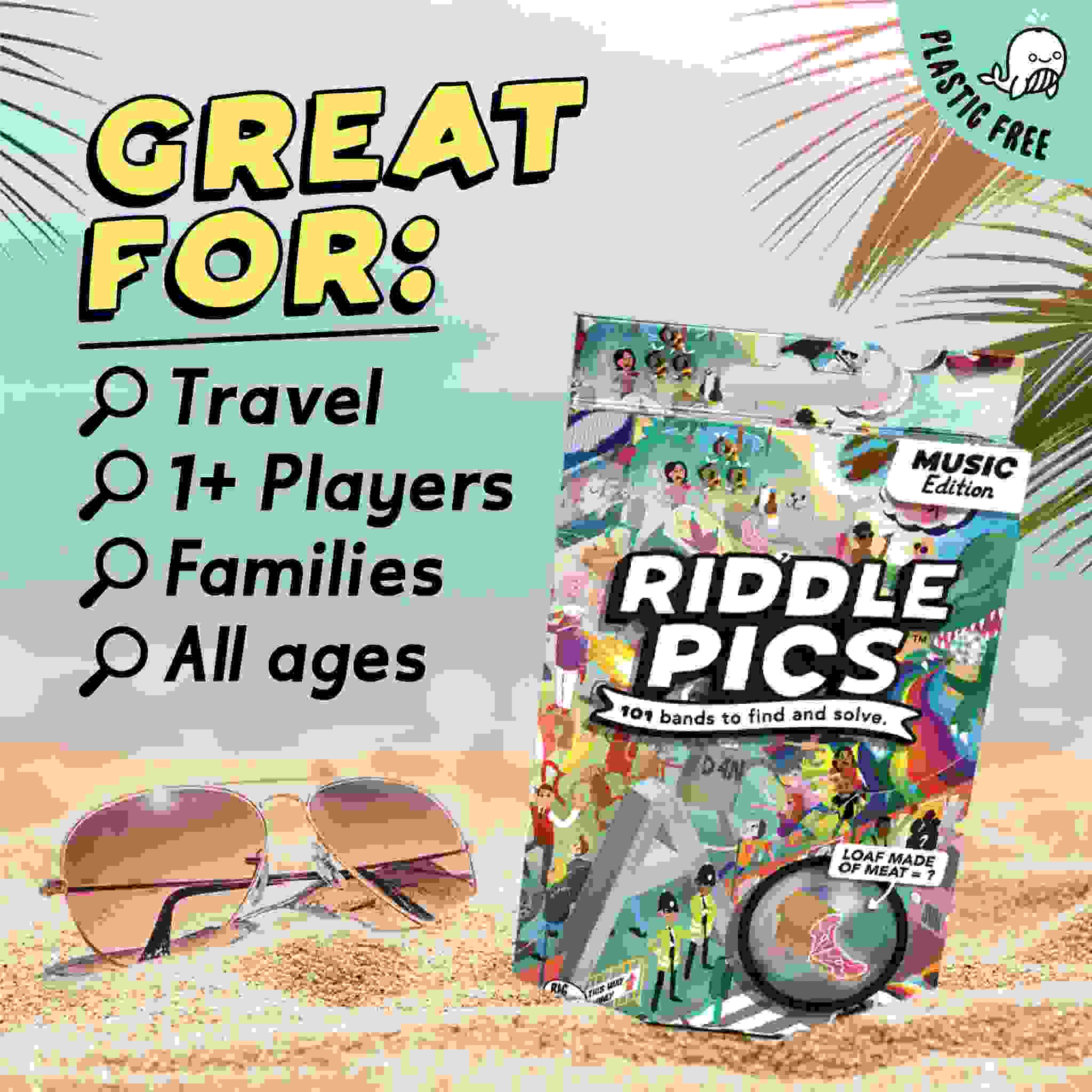 An image of the "Riddle Pics - Day at the Festival" game box by Big Potato is placed on a sandy beach, adorned with sunglasses and a palm leaf. This music-themed riddle game is plastic-free and perfect for travel. Suitable for 1+ players, families, and all age groups. The small tape-like image posing the question "LOAF MADE OF MEAT?" makes it an ideal puzzler for beach days!