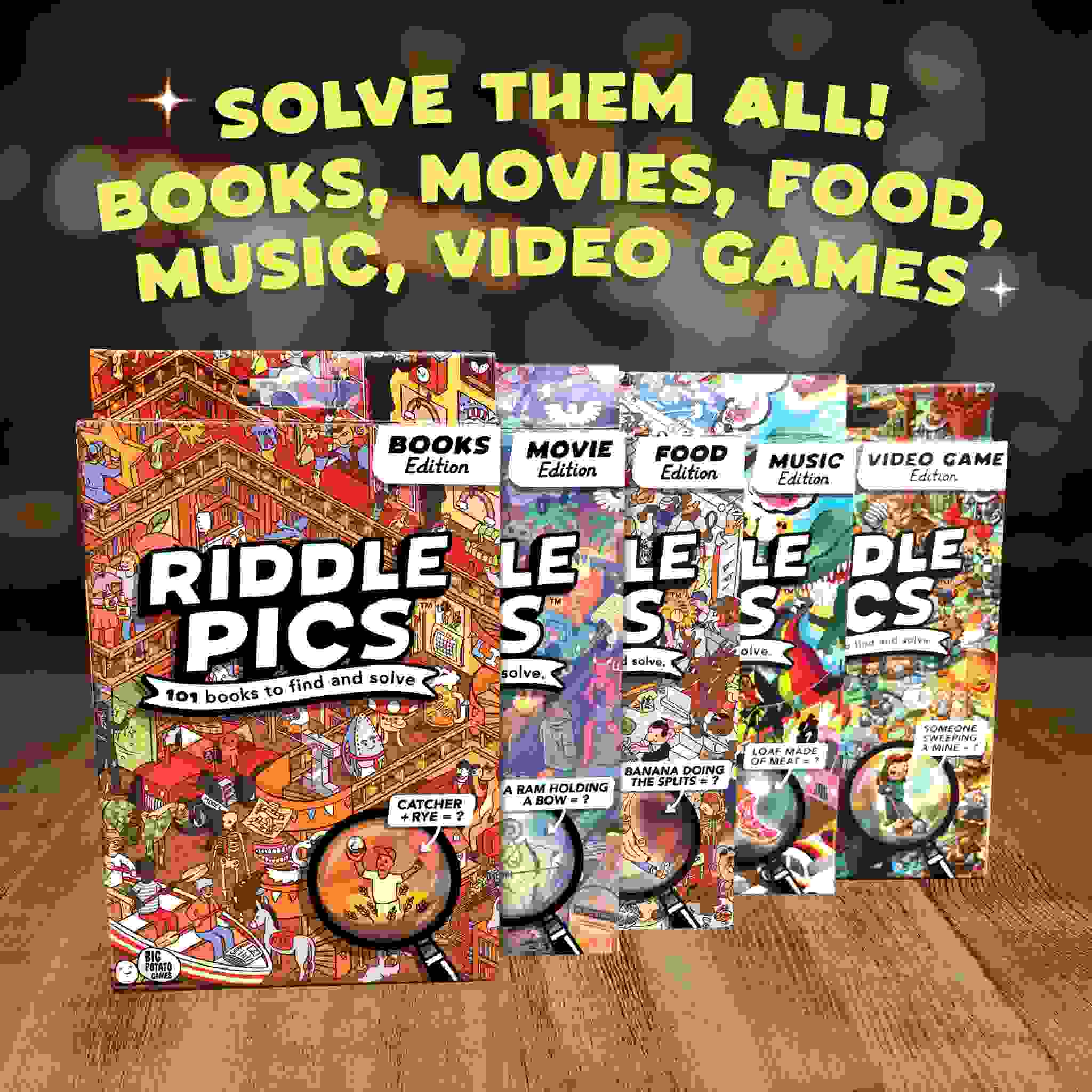 Five books from the "Riddle Pics" series by Big Potato are displayed upright, each focusing on visual riddles related to books, movies, food (including "Chaos in the Kitchen"), music, and video games. Their colorful covers boast intricate illustrations. Above them is text saying, "Solve them all! Books, movies, food, music, video games.