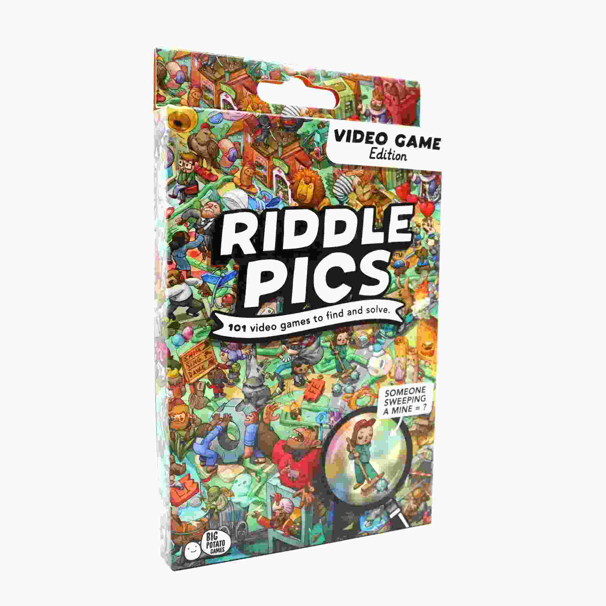 Box of "Riddle Pics - Video Game Valley" by Big Potato against a white background. The box features vibrant illustrations of video game characters in visual riddles and comes with a scratch card checklist labeled "101 video games to find and solve."
