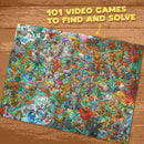 The "Riddle Pics - Video Game Valley" by Big Potato is an illustrated puzzle poster showcasing a collection of scenes and characters from 101 video games. At the top, it features the text, "101 Video Games to Find and Solve," accompanied by a playful arrow directing attention to the visual riddles. The poster's unique charm is enhanced by a wooden texture backdrop.