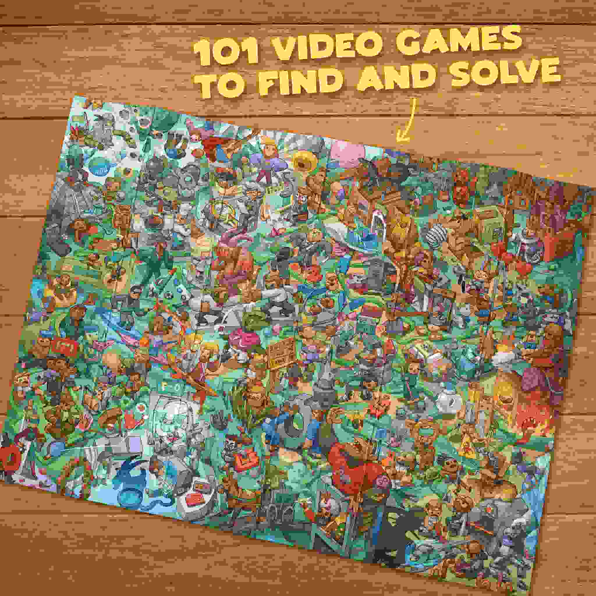 The "Riddle Pics - Video Game Valley" by Big Potato is an illustrated puzzle poster showcasing a collection of scenes and characters from 101 video games. At the top, it features the text, "101 Video Games to Find and Solve," accompanied by a playful arrow directing attention to the visual riddles. The poster's unique charm is enhanced by a wooden texture backdrop.