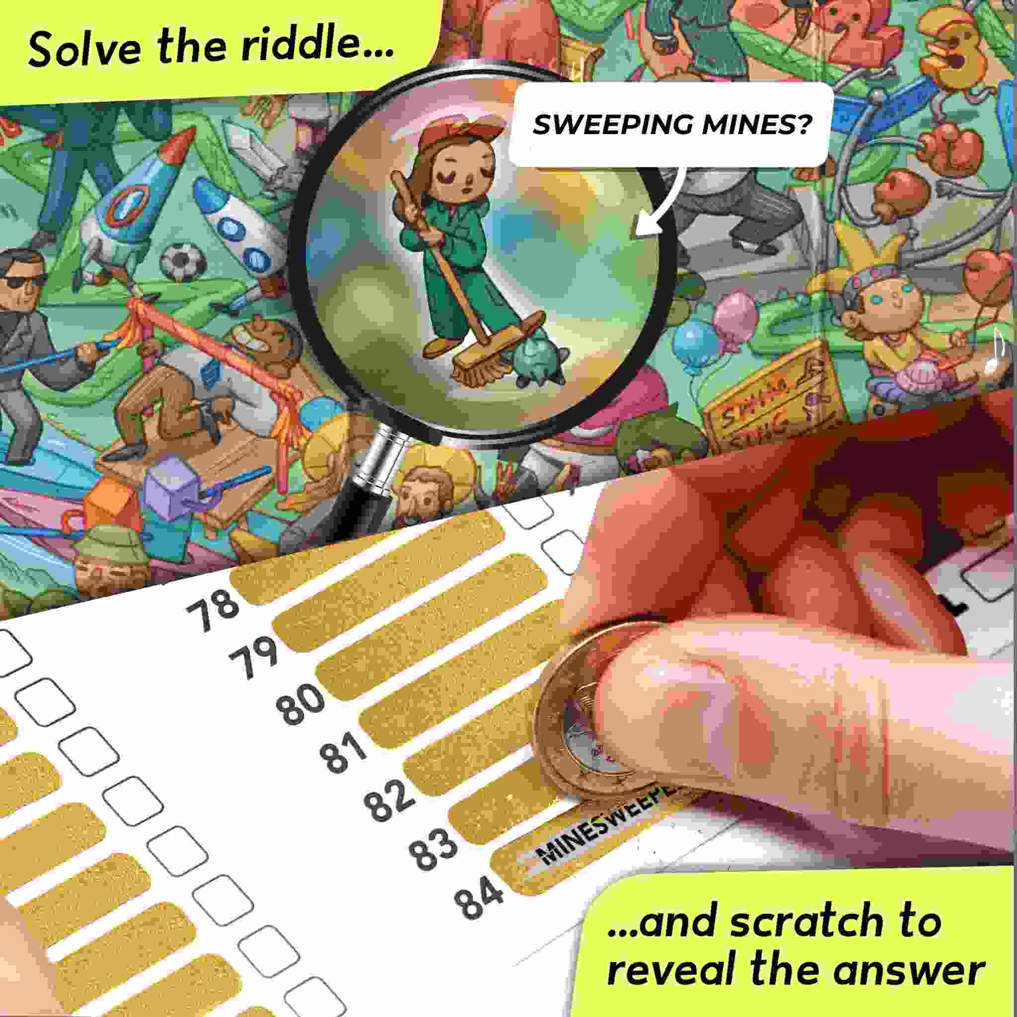 A vibrant illustration features someone using a magnifying glass to inspect a cartoon character that is sweeping. Below, there's a hand scratching off a lottery ticket titled "Riddle Pics - Video Game Valley." The text invites you to "Solve the visual riddle... and scratch to reveal the answer," brought to you by Big Potato.