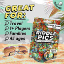 The packaging for "Riddle Pics - Video Game Valley" by Big Potato is depicted on a sandy beach with sunglasses, showcasing visual riddles and highlighting its plastic-free nature. Suitable for 1+ players, families, and all ages, this travel-friendly game includes a scratch card checklist with 101 video games to discover and solve.