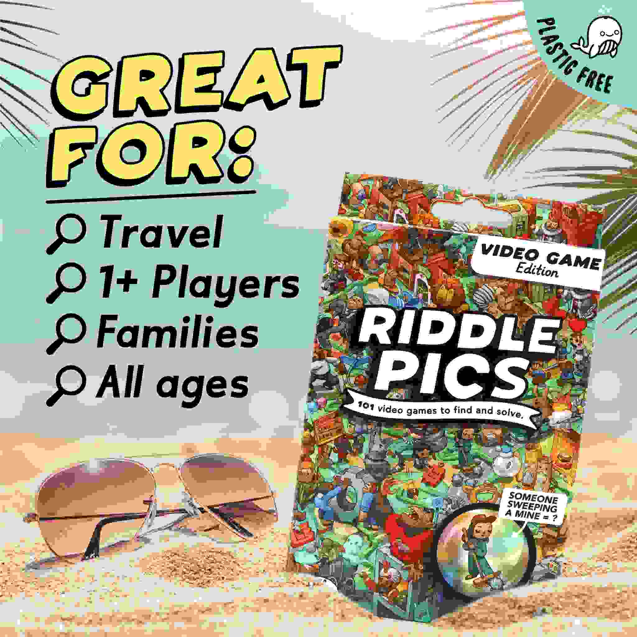 The packaging for "Riddle Pics - Video Game Valley" by Big Potato is depicted on a sandy beach with sunglasses, showcasing visual riddles and highlighting its plastic-free nature. Suitable for 1+ players, families, and all ages, this travel-friendly game includes a scratch card checklist with 101 video games to discover and solve.