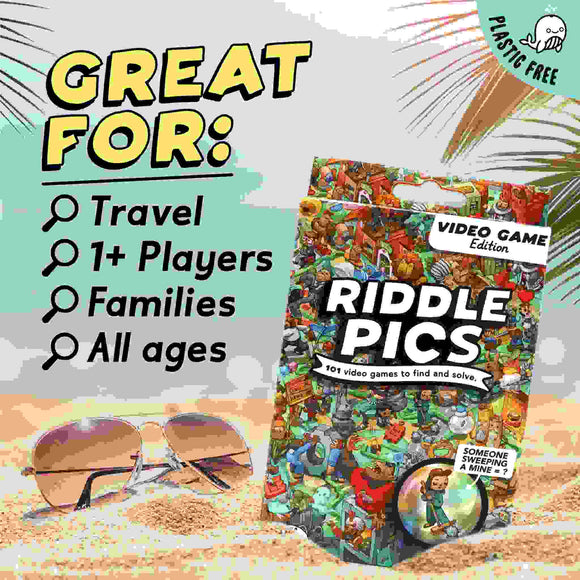 The packaging for "Riddle Pics - Video Game Valley" by Big Potato is depicted on a sandy beach with sunglasses, showcasing visual riddles and highlighting its plastic-free nature. Suitable for 1+ players, families, and all ages, this travel-friendly game includes a scratch card checklist with 101 video games to discover and solve.