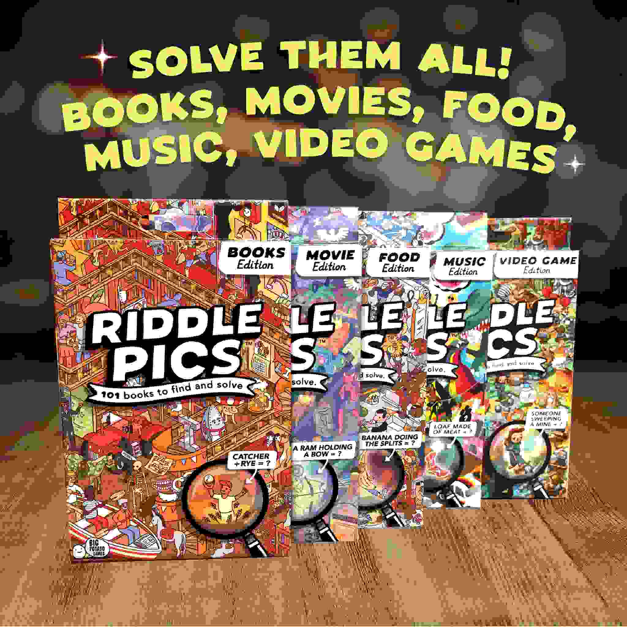 A collection of five vibrant "Riddle Pics - Night at The Movies" books from Big Potato stands upright on a wooden surface. Each cover showcases an intricate illustration filled with visual movie riddles. Bold text at the top proclaims, "Solve them all! Books, Movies, Food, Music, Video Games.