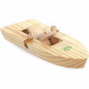 The Vilac Rubber Band Powered Boat is a small wooden toy with a simple design, featuring a flat base, rectangular opening, two rear dowels, and a rubber band mechanism. Made from light-colored wood with charming grain patterns.