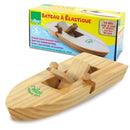 The Vilac Rubber Band Powered Boat features a simple design with wooden paddles and is packaged colorfully with multilingual product details. Ideal for young sailors ages 3+, it promises endless fun as part of the wooden toys collection.