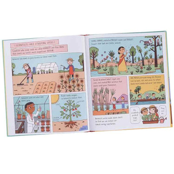 The book "Scientists Are Saving the World!" by Magic Cat Publishing features an open spread with colorful illustrations. The left page showcases inspiring scientists at work, while the right highlights a female science hero explaining plant growth to children in a vibrant garden.