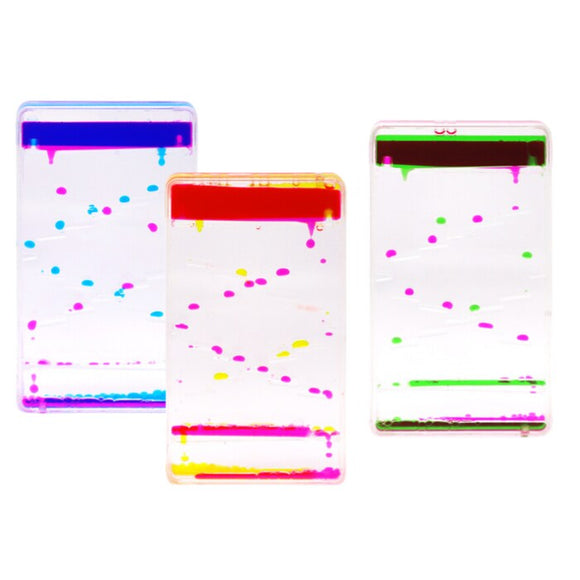 Three Sensory Motion Bubbler Stairs by Sensory Motion feature colorful droplets for stress relief. The left one has purple and blue, the middle displays red and yellow, and the right shows green and purple droplets cascading diagonally like a soothing fidget toy.