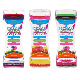 Three Sensory Motion Bubblers from the brand "Sensory Motion" offer stress relief with colorful liquid and moving bubbles inside clear hourglass-shaped containers. Labeled as "Sensory Motion Bubbler," these calming toys are described as promoting mindfulness and come in designs featuring pink, green, and yellow colors.
