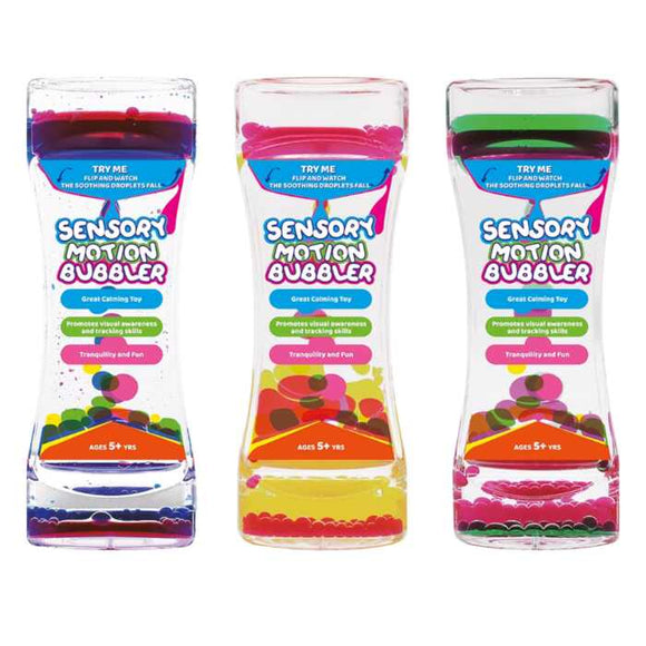 Three Sensory Motion Bubblers from the brand "Sensory Motion" offer stress relief with colorful liquid and moving bubbles inside clear hourglass-shaped containers. Labeled as "Sensory Motion Bubbler," these calming toys are described as promoting mindfulness and come in designs featuring pink, green, and yellow colors.