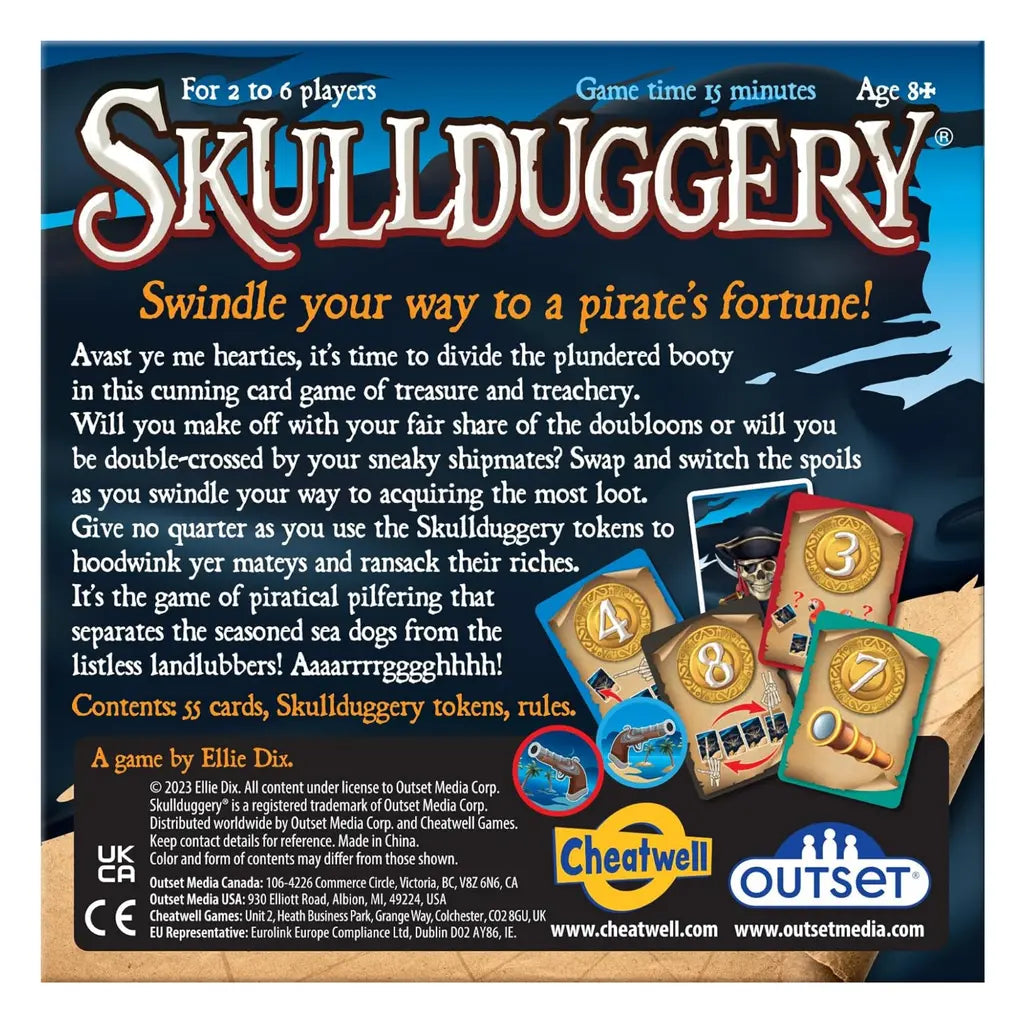 The "Skullduggery" box cover flaunts vibrant pirate-themed graphics and game details, highlighting pilfering adventures. Designed for 2 to 6 players aged 8+, with a swift 15-minute gameplay, it showcases the Outset Cheatwell logo at the bottom.