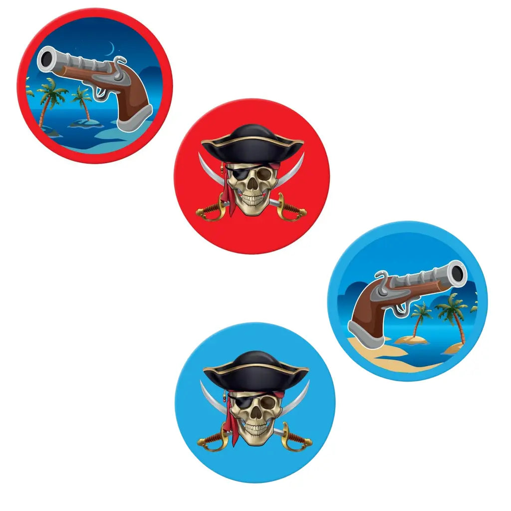 Skullduggery by Outset Cheatwell offers four pirate-themed badges ideal for card games: two with skulls in hats and swords on red backgrounds, and two displaying flintlock pistols with tropical islands on blue, capturing the essence of piracy and hidden treasure.