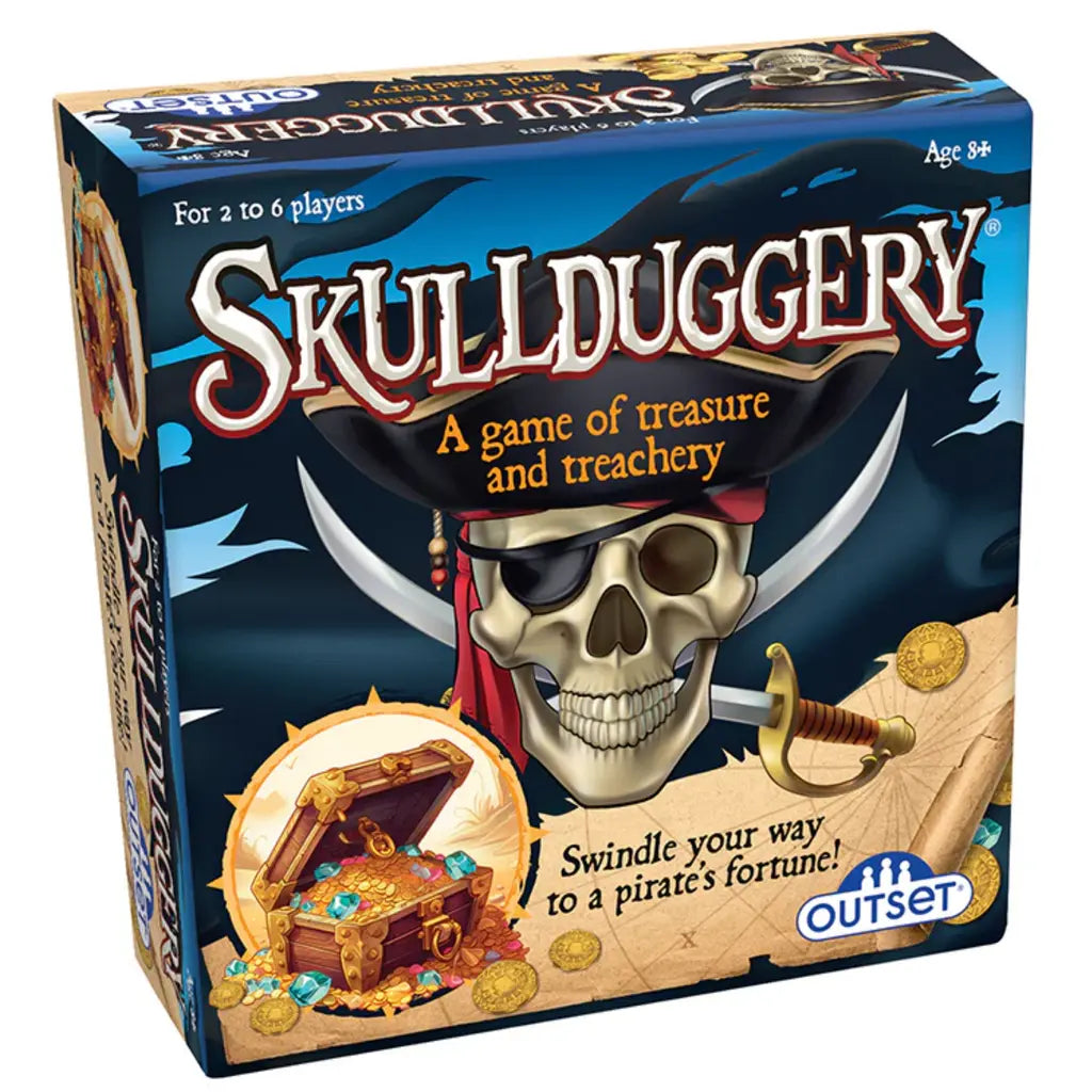 The image shows the Skullduggery box by Outset Cheatwell with a pirate theme, featuring a skull in a bandana, treasure chest, tokens, coins, and sword. Text reads: "A game of treasure and treachery," for 2 to 6 players, ages 8+.