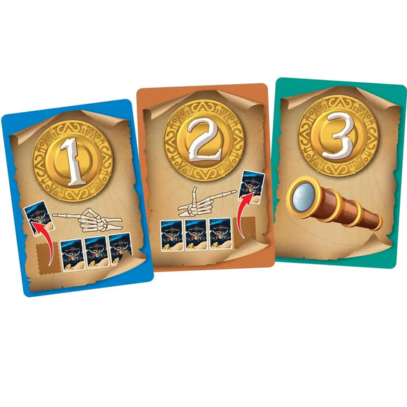 Skullduggery by Outset Cheatwell offers a thrilling piracy adventure with three game cards: a blue "1" card with a pointing skeleton hand, a brown "2" card with the same icon, and a green "3" card featuring a telescope icon.