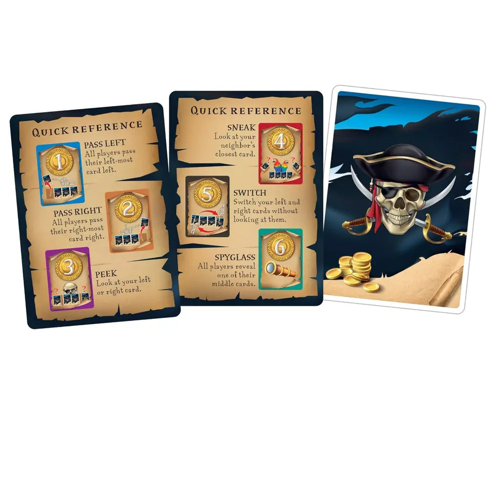 In the Skullduggery card game by Outset Cheatwell, two Quick Reference cards explain actions like "Pass Left" and "Sneak." A skull with a pirate hat among gold coins enhances the high-seas piracy and hidden treasure theme.