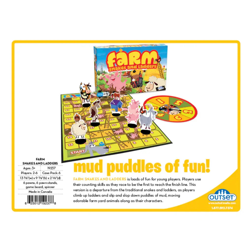 The image showcases the "Farm Snakes & Ladders" board game by Outset Cheatwell, brimming with farm-themed excitement. The colorful board features charming animals and a spinner, promising "mud puddles of fun" and engaging gameplay for all.