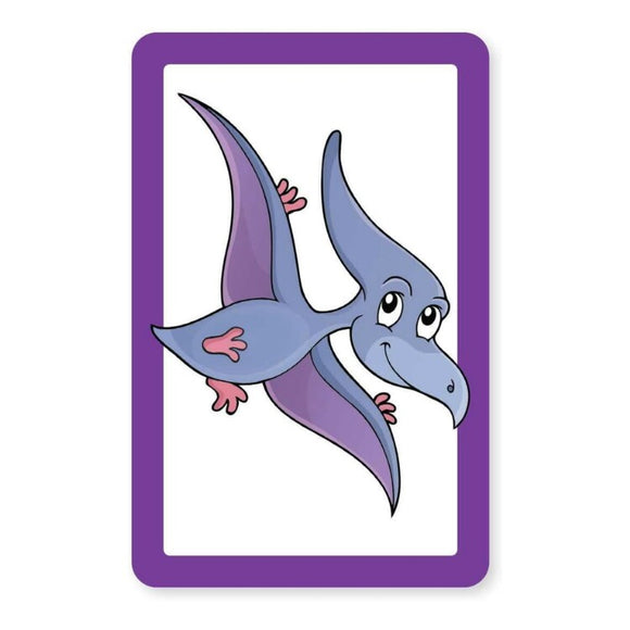 The Snap & Pairs - Dinosaurs game by Cheatwell includes a card featuring a cartoon pterodactyl with a smiling face, purple body, and pink wings, bordered in purple, designed to boost children's memory enhancement.