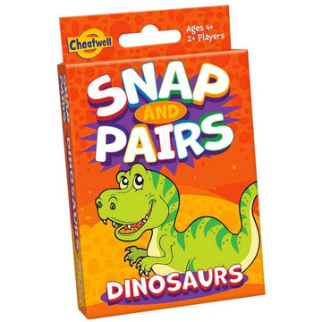 The vibrant box of the card game "Snap & Pairs - Dinosaurs" displays a cartoon green dinosaur set against an orange backdrop with patterns. Designed for ages 4 and up and suitable for two or more players, this memory game is ideal for boosting children's memory skills. The brand "Cheatwell" is prominently displayed in the top left corner.