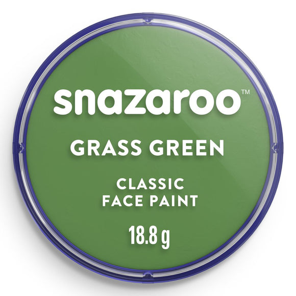 The Snazaroo Face Paint in Grass Green is a round, water-based container with a transparent lid and blue rim, weighing 18.8 grams—ideal for Halloween face paint by SNAZAROO.