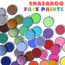 Snazaroo Face Paints by SNAZAROO, featuring vibrant blue, green, pink, purple, orange, and brown water-based colors in pots on a white background. The text "Snazaroo Face Paints" is displayed in colorful letters—ideal for Halloween face-paint fun!.