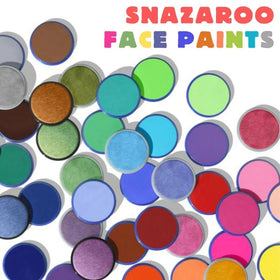 Snazaroo Face Paints by SNAZAROO, featuring vibrant blue, green, pink, purple, orange, and brown water-based colors in pots on a white background. The text "Snazaroo Face Paints" is displayed in colorful letters—ideal for Halloween face-paint fun!.