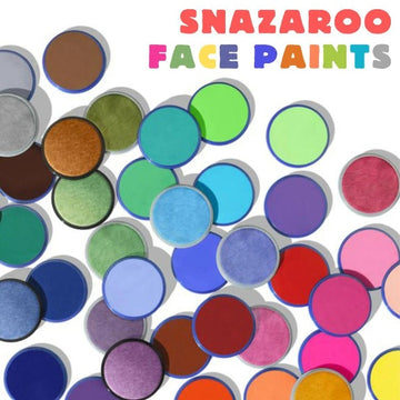 Snazaroo Face Paints by SNAZAROO, featuring vibrant blue, green, pink, purple, orange, and brown water-based colors in pots on a white background. The text "Snazaroo Face Paints" is displayed in colorful letters—ideal for Halloween face-paint fun!.