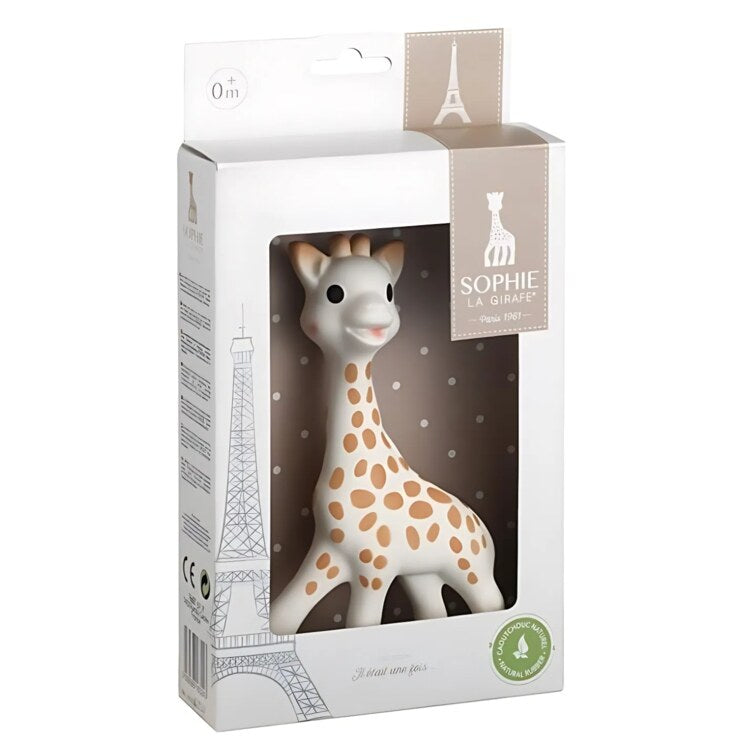 Light coloured box with an open front to show the Sophie La Girafe teething toy.