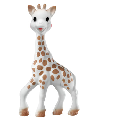 Rubber giraffe teething toy - cream in colour with black eyes and brown markings.